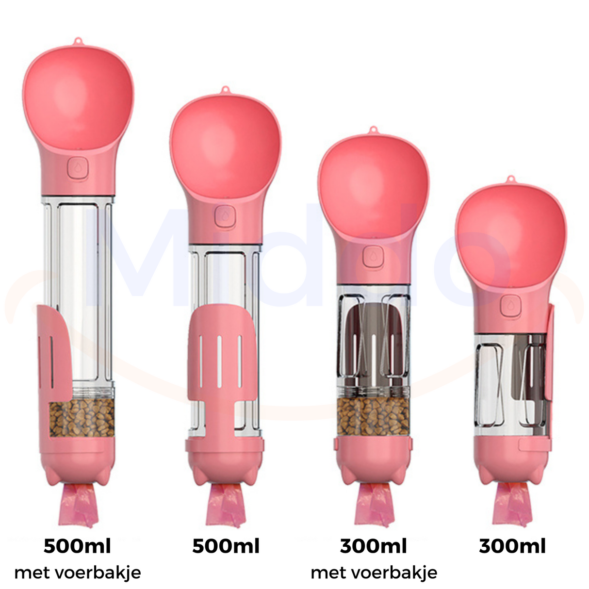 gourde pour chien rose en deux tailles : 300 ml et 500 ml côte à côte