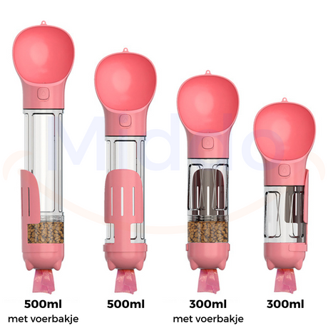 gourde pour chien rose en deux tailles : 300 ml et 500 ml côte à côte