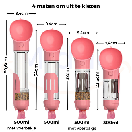 gourde portable 5-en-1 pour chien rose avec dimensions indiquées, compact et leger