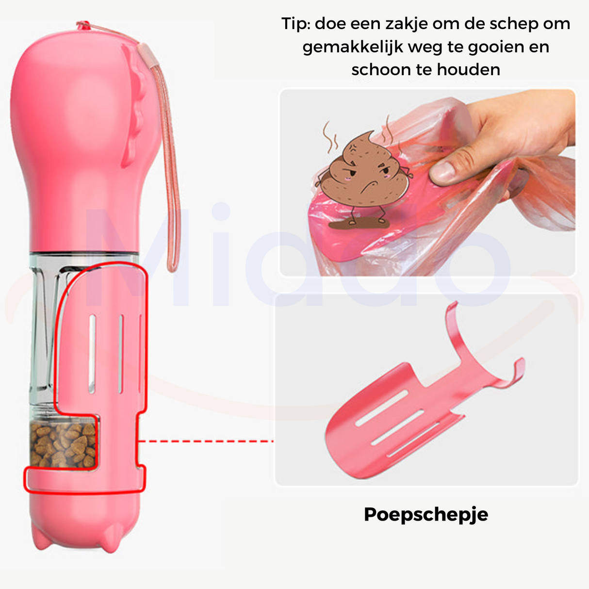 gourde 5-en-1 rose avec pelle à déjections et sac à crottes intégrés pour promenades