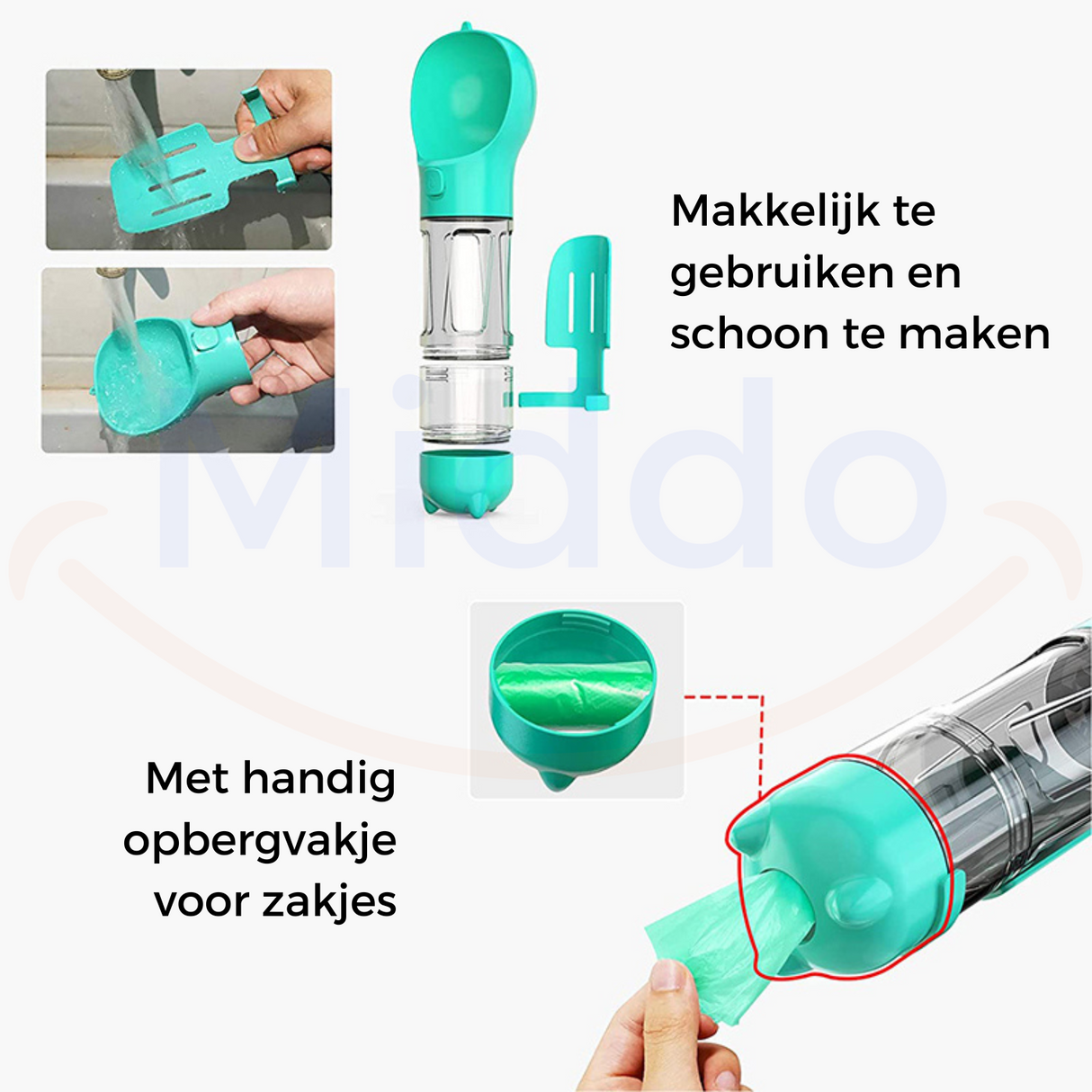 gourde portable pour chien turquoise en cours de nettoyage sous l'eau, entretien simple