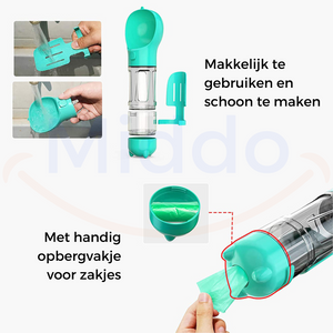 gourde portable pour chien turquoise en cours de nettoyage sous l'eau, entretien simple