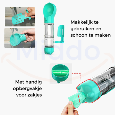 gourde portable pour chien turquoise en cours de nettoyage sous l'eau, entretien simple