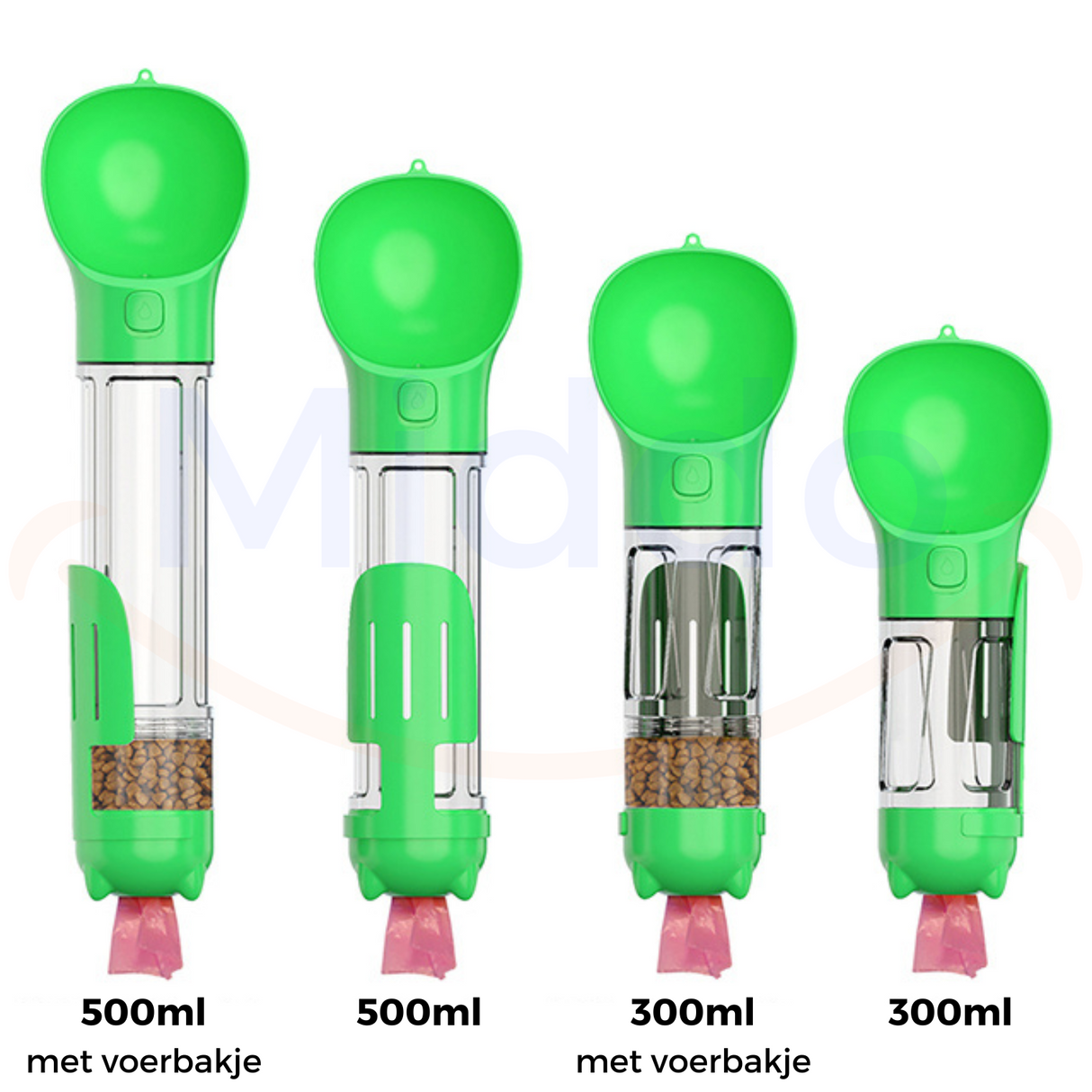 gourde pour chien verte en deux tailles : 300 ml et 500 ml côte à côte