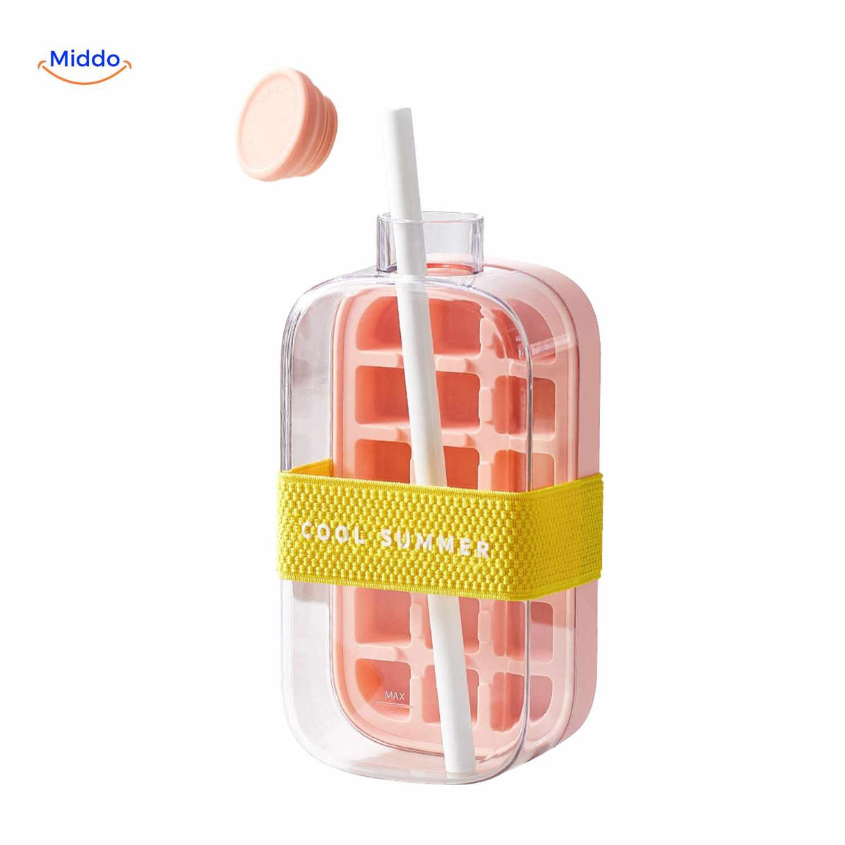 gourde à glaçons rose avec paille et sangle estivale, design frais et coloré