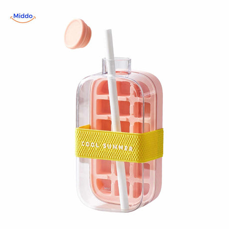 gourde à glaçons rose avec paille et sangle estivale, design frais et coloré