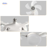 gros plan sur les pales du ventilateur et le cache LED de la lampe de plafond
