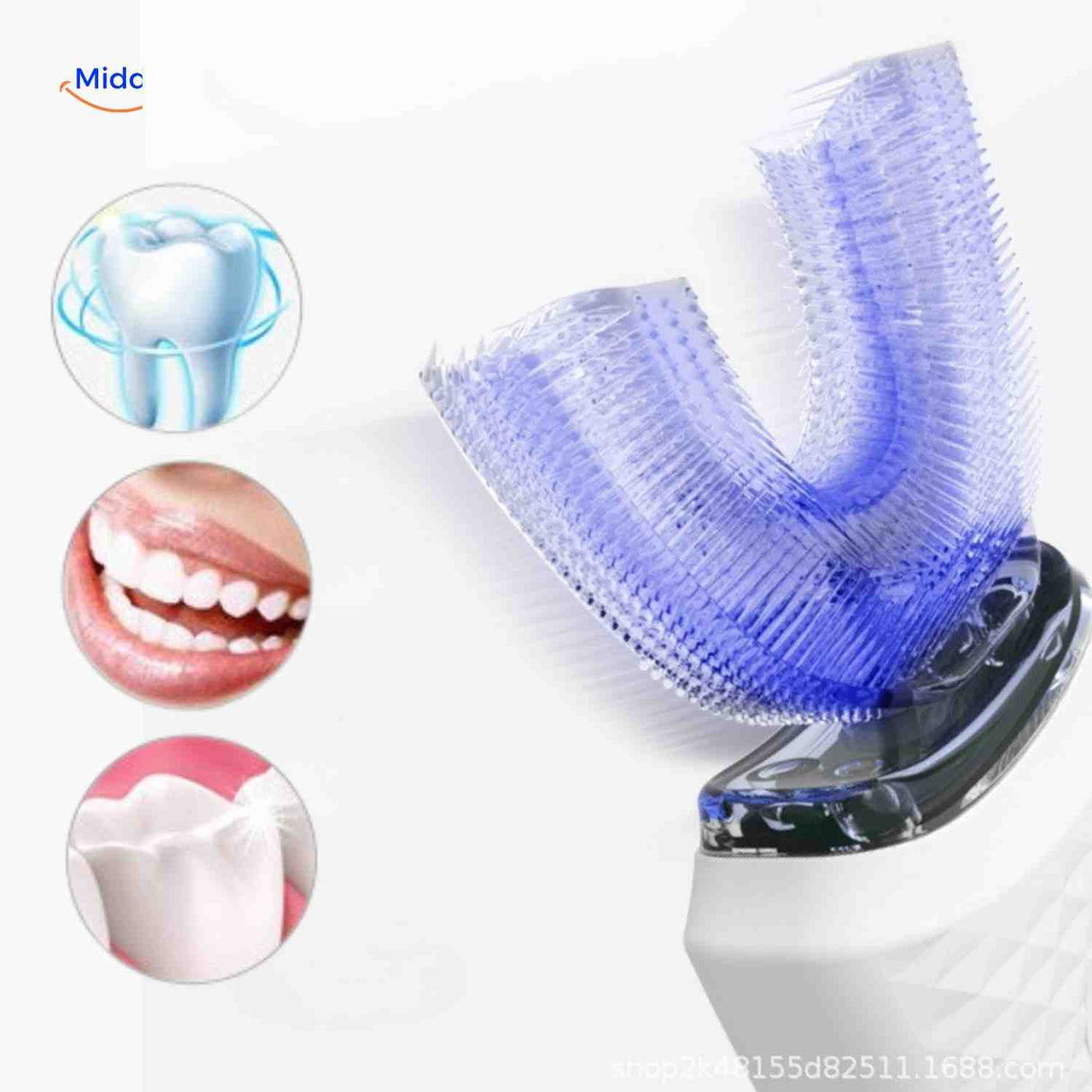 gros plan sur la tête de brosse en U de couleur bleue pour un nettoyage sonique optimal