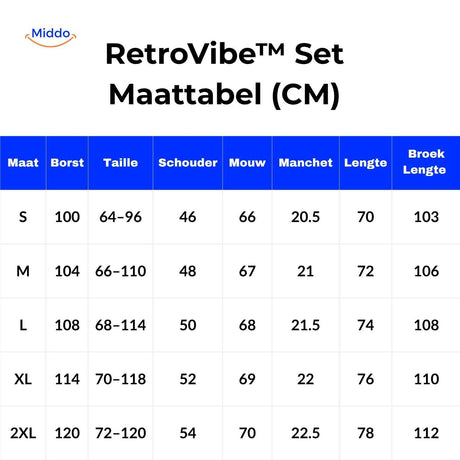 guide des tailles du survêtement rétro 80s, tableau comparatif en centimètres pour bien choisir sa taille