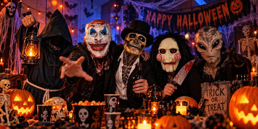 Masques et costume de squelette lors d’une fête d’Halloween