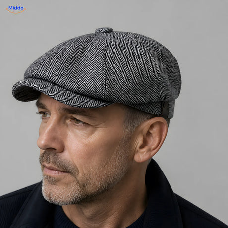 Gros plan sur une casquette plate Heritage Eight grise à visière courte et huit panneaux