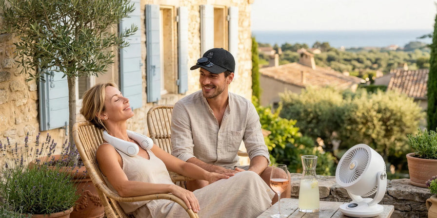 Terrasse d'été en Provence : couple se rafraîchit avec le ventilateur de cou NekFan, le ventilateur Airstream et la casquette Solarix