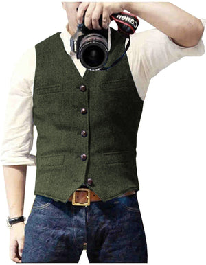 Gilet HerringLux homme vert armee tweed chevrons laine