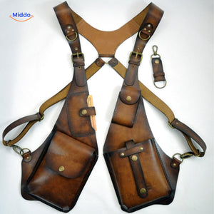 holster épaule cuir brun avec système de bretelles et design rétro steampunk