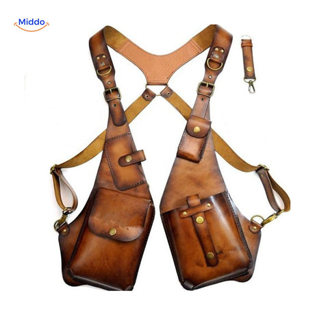holster épaule steampunk coloris brun clair doré, vue complète en studio