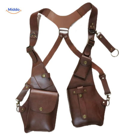 holster épaule cuir brun avec compartiments suspendus visibles en détail