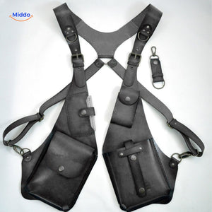 holster épaule cuir gris avec compartiments suspendus ouverts, vue de face