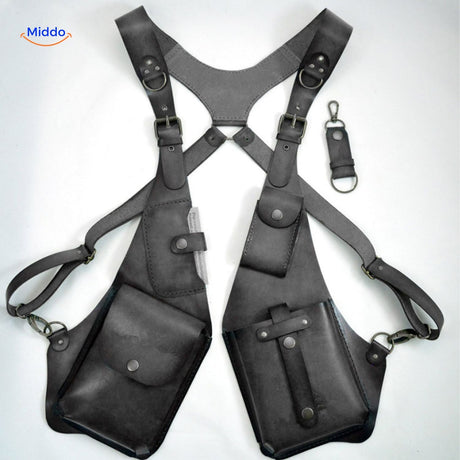 holster épaule cuir gris avec compartiments suspendus ouverts, vue de face