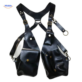 holster épaule cuir noir avec poches suspendues visibles, vue de détail