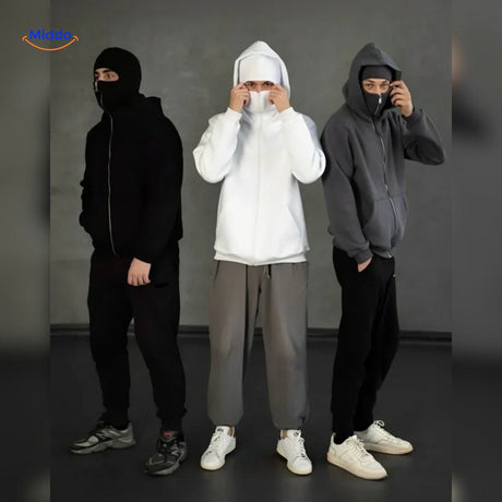 sweat à capuche blanc présenté avec 3 variantes de coloris disponibles, double capuche unisexe
