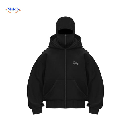 sweat à capuche noir gros plan sur le logo, coton doux double capuche coloris noir