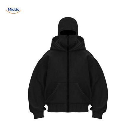 sweat à capuche noir vue de face entière, coupe décontractée unisexe double capuche