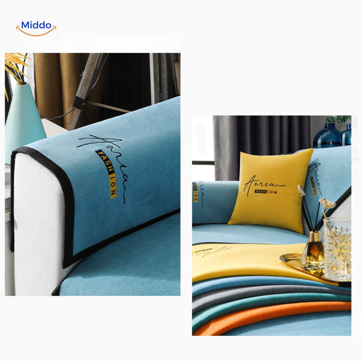 housse de canapé antidérapante coloris jaune et bleu, style moderne et élégant