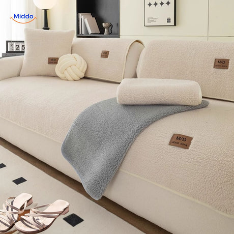 housse de canapé effet peau de mouton coloris blanc, tissu ultra-doux et confortable