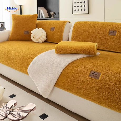 housse canapé effet laine coloris jaune avec tissu doux et chaleureux