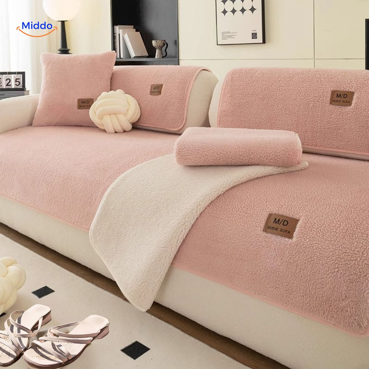 housse canapé effet laine coloris rose avec tissu chaud et plaids assortis