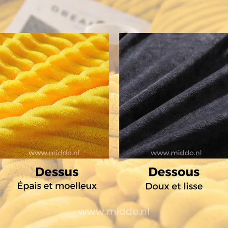 Comparaison du dessus jaune moelleux et du dessous foncé lisse de la housse de couette polaire.