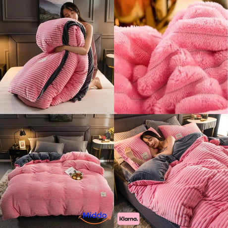 aperçu en quatre mises en situation de la housse de couette en velours polaire rose sur un lit