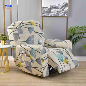 housse de fauteuil relax beige clair avec feuilles de ginkgo bleues et jaunes