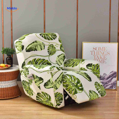 housse extensible blanche avec grandes feuilles de monstera vertes, style naturel