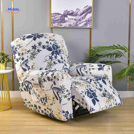 housse extensible blanche à fleurs bleu et jaune, look moderne et frais pour fauteuil relax
