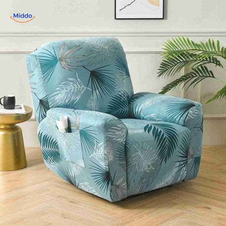 housse extensible bleue pour fauteuil relax avec imprimé feuilles tropicales