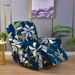 housse de fauteuil relax bleu foncé avec motif feuilles blanc et vert, style botanique