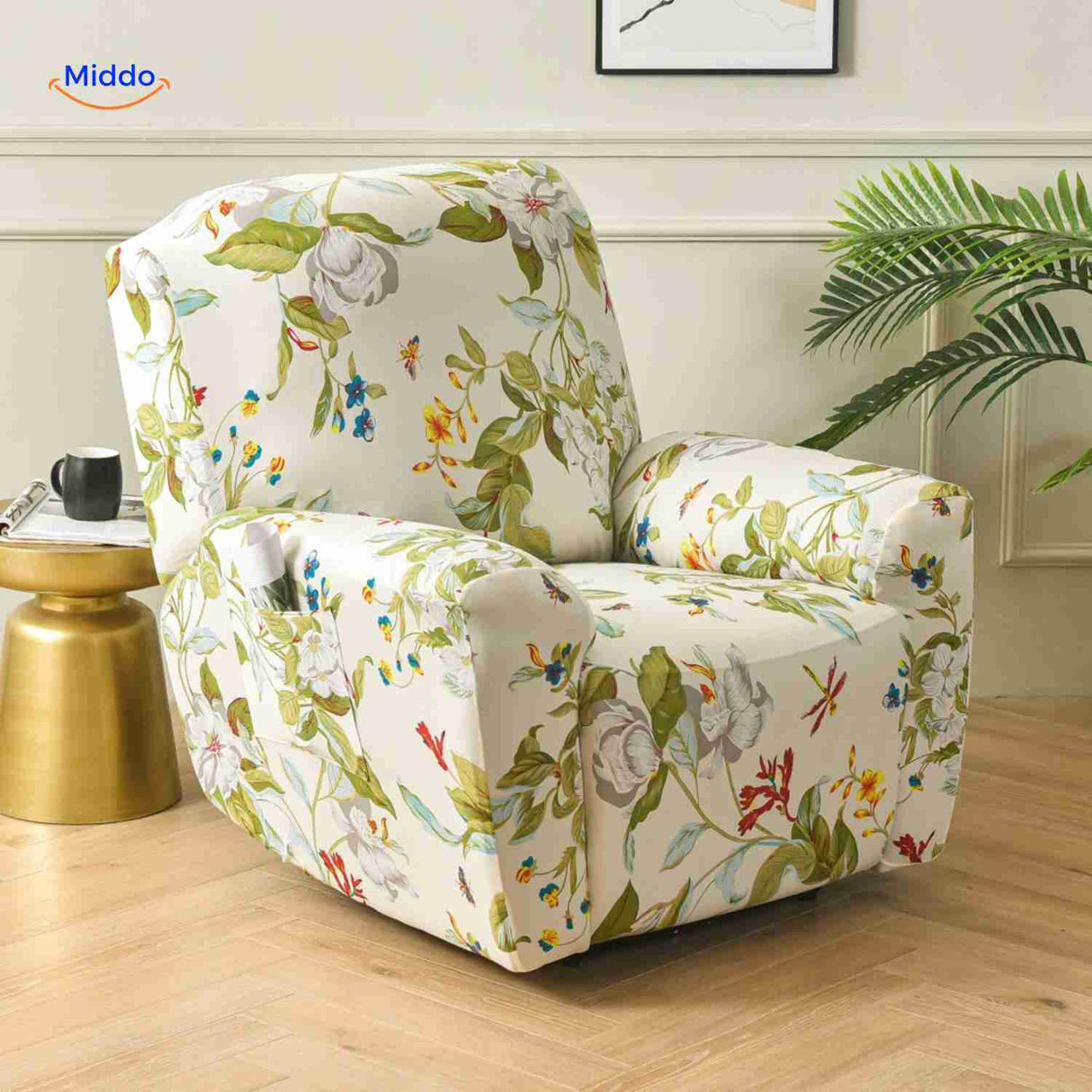 housse extensible pour fauteuil relax fond crème clair avec motif floral délicat