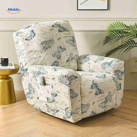 housse de fauteuil relax crème ornée de papillons bleus et d'un motif écriture manuscrite
