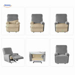 etapes d'installation de la housse extensible pour fauteuil relax, imprimé gris géométrique