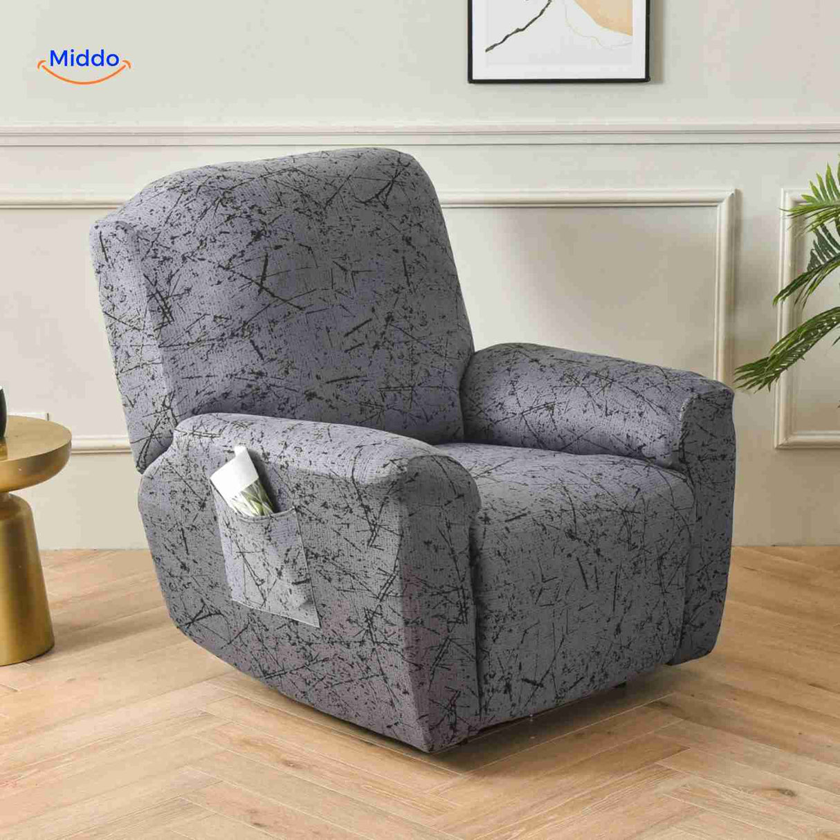 housse de fauteuil relax grise avec éclaboussures noires, design moderne et graphique