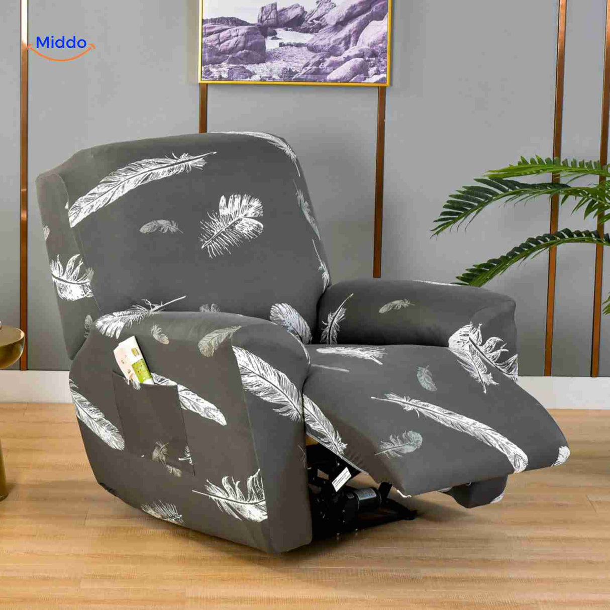 housse de fauteuil relax gris foncé avec motif plumes blanches, élégance naturelle