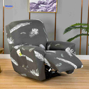 housse de fauteuil relax gris foncé avec motif plumes blanches, élégance naturelle