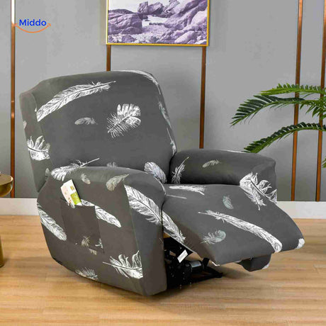 housse de fauteuil relax gris foncé avec motif plumes blanches, élégance naturelle