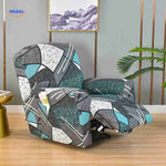 housse de fauteuil relax extensible motif abstrait bleu et blanc avec accents turquoise
