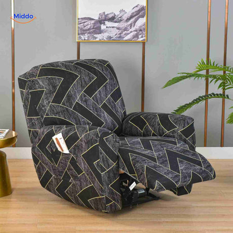 housse de fauteuil relax noire avec chevrons dorés, aspect luxueux et élégant