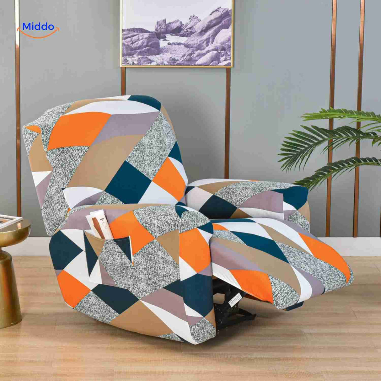 housse de fauteuil relax avec motif losanges orange et bleu, design texturé