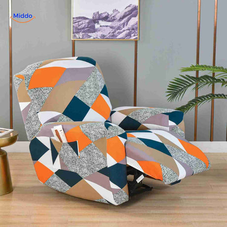 housse de fauteuil relax avec motif losanges orange et bleu, design texturé