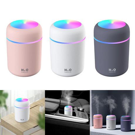 humidificateur aromatique magic air présenté dans ses trois coloris : rose, gris et blanc sur fond neutre