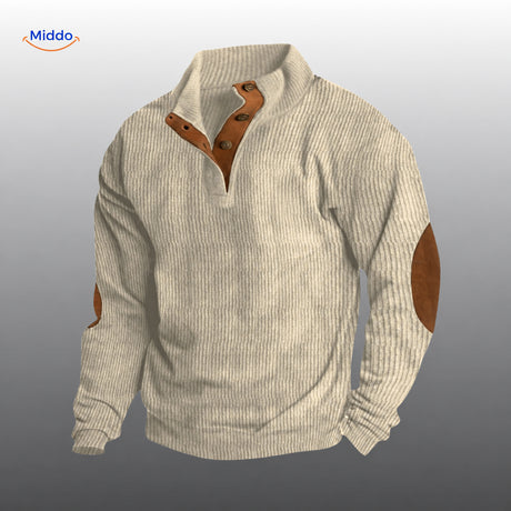 Pull IndieWear en velours côtelé gris clair, avec patte de boutonnage et coudières marron.